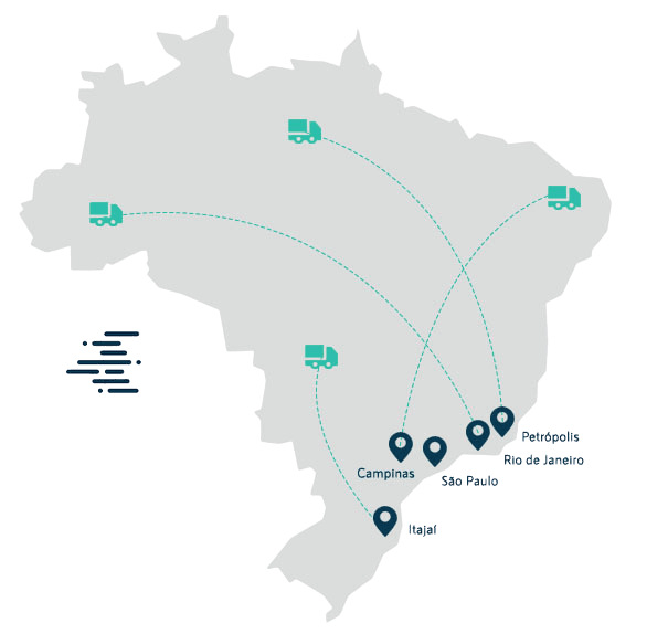 Mapa do Brasil com as rotas da Tele Carga e as unidades em Petrópolis, Rio de Janeiro, São Paulo, Campinas e Itajaí